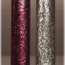 fantasy, digital art, long metal cylinder, object, chain, metallic, dark metal, ruby encrustations, massive, engravings