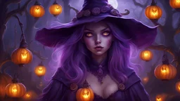 a purple witch purple glowing eyes pumkin lanterns fantasy art highly detailed digital painting, fantasy art beautiful many details epic fantasy photo realism digital art Cinematic Photography art