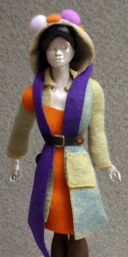 Young fleshy woman. thick thighs, thick calves, strong. Mantle is sewed of recycled Denim and sewed together of recycled polymer felt. Camouflage colors are terracotta, cream and purple, lilac. Cream latex gaiter. Yellow(Munsell)!hint of orange as effect color!!Big bright purple/khaki felt tippet and cream or blue or lilac colored-hood. mantle is merged with satchel. . AKG-style headphones (gold rings!) is merged with small felt cap with small visor. Style: Haute Couture in 1998