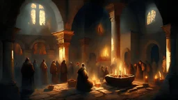 XI century church with many oil lamp fire with people praying