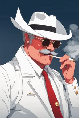 An old very red crimson devil wearing a white and gold police comisioner outfit, he is also wearing glasses, he has a white scruffy mustache, and a small black fedora, he also smoking a cig.