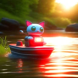 cute blessed chat robot sailing on river,catching a big fish in a river stream, 8k, downlight, soft light, depth of field, photorealism, trending on art station, lotsa detail