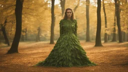 woman in a dress made of leaves, partially grown into a tree in a woodland