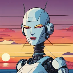 happy robot in front of a sunset in the style of Patrick Nagel