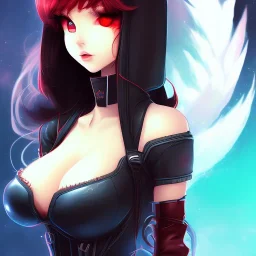 Waifu Anime Girl, Curvy Body, Black long hair, red eyes, red horns, black crop top, black shorts