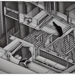 cat playing piano in style of MC escher painting