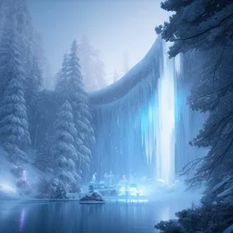 Ice palace, white snow, moonlight, waterfall, grand landscape, Greg Rutkowski, realistic, unreal engine, artstation,