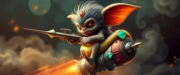 hairy macho gremlin Homunculus – living in a hi tech marvellous hot dog art graphics and gems on rocket with a mounted sling shot mega harpoon, heading for venus , background motion blur and smoke swirls