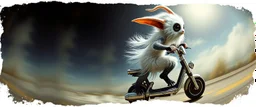 3d airbrush render, white fluffy gnome native panda elf alien dodo on insane long scooter, pinhole cam, airbrush 3d rendering, in the style of Titian and Dali , torn edges on border