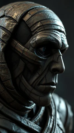 a side view of the mummy by his face skin is a rusted broken metallic skin texture in a 3d rendering full-height image of a grim and dark scene. Ensure the final images exhibit the utmost quality, encompassing 4K, 8K, and 64K resolutions, with 3D rendering that manifests in photorealistic, hyperrealistic, and highly detailed representations. Employ techniques such as HDR, UHD,