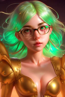 cute girl, golden costume, green haired, great body, glasses, ultra realistic, cinematic light, highly detailed, background wall many color paint