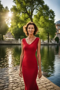 Act like street photographer. Create a realistic photograph of a small Italian town at Como Lake in late spring with a portrait of a 45-year-old, beautiful, slim Polish woman with brown hair. Use a 24 mm lens and a Fuji T30 camera for mild light, warm, golden hour photos from a distance, elegant red dress for a dinner, flirts pose