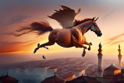 Ultra realistic vibrant antrophpmorphic half-human, half-horse creature (Centaur) flying after a dynamic jump in the sky before a Bird's-eye view of Istanbul at sunset, with Hagia Sofia visible, in the twilight, and fog and mist rolling in between the houses. Pastel brown and orange colors, sepia very attractive fantastic view