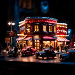 Close-up photograph of a diorama building, city, store, advertising, land-of-toys with detailed vintage toys made of cake-frosting and felt, strong texture, extreme detailed, movie shot, rich moody colors, sparkles, night, nightmare