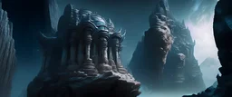 , rocky cliff, Palace carved into the rock, galaxy, infinity, space, water , statue , sci-fi., rocky cliff, Palace carved into the rock, galaxy, infinity, space, water , statue , sci-fi. Stone temple structure with spherical theme. Big details. European. . Carved in mountain, Style: concept art. Mood: foggy, desaturated ,Mountains Sky, cosmos, water, panorama Background: The sky is filled with swirling alien constellations,