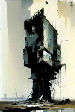 A abstract minimalist painting of Lebbeus Woods brutalist concrete bunker tower architecture. Breaking apart. In a desolate landscape. In the style of by Ashley Wood and Justin Mortimer. Large oil brushstrokes