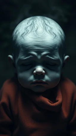 ,surrealism of the dark of a nightmare , hyper photorealistic, hyper detailed bright art color, high resolution, fog, octane render, tilt shift, HDRI Environment, all pictures dark gray, sad baby face