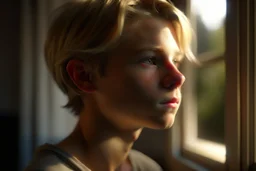 A realistic portrait of a handsome teenaged boy with honey brown eyes and golden blond hair, innocent and thoughtful, gazing out a window, a hint of facial hair, wearing sleeveless shirt, inside an empty room with warm sunlight streaming in, detailed, high definition, 4K, 8K, quality render