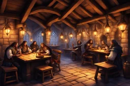 In the large heroic fantasy dangerous medieval Inn: The old oak tables patrons are warriors, wizards, elfs, thieves. at small tables. The fire crackles merrily, casting dancing shadows on the walls and lending an air of warmth to your cozy inn. Bards strum their lutes in a corner, their voices rising and falling in a melodic cacophony. Merchants haggle over prices at a nearby table, their words punctuated by the clinking of coins and the occasional outburst of laughter. The scent of roasted meat