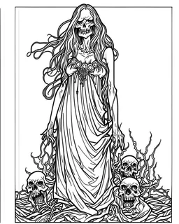 create a 2d black outline, "full body scary psycho monster death women coloring book for adults", coloring page, low details design, black contour, coloring page design, coloring page for adults,horror background, black contour and white space beetween contour, same contour,sketch style, horror style, creepy style, minimalist, halloween background,simple, white background