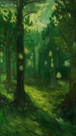 A green forest filled with fairies painted by Vincent van Gogh