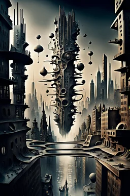 a stunningly weird image of a futuristic metropolis using Salvador Dali's paranoiac-critical method, where buildings and structures appear to melt into the skyline cityscape is filled with floating mad, twisted sharp metal shapes that interact with the buildings and each other, forming a surreal tableau of a dreamlike reality. neu-steampunk vibe, essence of the scene in a cinematic manner, with dramatic shadows that enhance the distorted perspectives and bizarre
