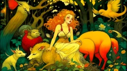 A delicate, woodland nymph with cascading, golden curls cradling a small, bleating lamb, shielding it from the piercing gaze of a large, growling wolf lurking in the shadows. Nearby, a nimble, chestnut-furred doe bounds away from the muscular form of a mighty, golden-maned lion, as a pair of pure white doves take flight, escaping the shadow of a soaring, brown-feathered eagle.