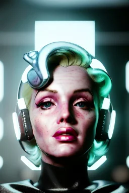 Ultra Realistic sci-fi pub image, portrait, blonde woman, sweet Marylin Monroe face, perfect iris, glow eyes, makeup. Retro sci-fi style, helmet, tight latex coat, fog, rain, soft color, highly detailed, unreal engine 5, ray tracing, RTX, lumen lighting, ultra detail, volumetric lighting, 3d, finely drawn, high definition, high resolution.