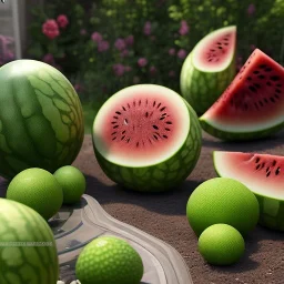 pixar style, volumetric summer garden environment and background, volumetric lighting, dramatic lighting, realistic painting of an watermelon, looking excited, detailed digital painting, extreme dense and fine fur, anime, ornate, colour-washed colors, elegant, small minutiae, tiny features, particulars, centered, smooth, sharp focus, renderman gofur render, 8k, uhd, detailed eyes, realistic shaded volumetric lighting, sunlight caustics, backlight, centered camera view