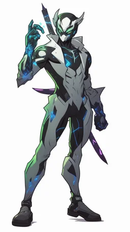 Mix between genji and venom symbiote in solo leveling shadow style with neon glowing blue