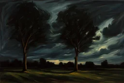 Trees, night, clouds, 2000's sci-fi movies influence, max liebermann impressionism painting