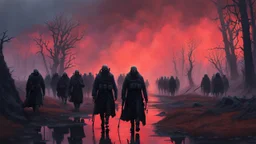 {{{Bio-engineered undead cyborg army marching}}} machine soldiers, future military, tactical wear, gas creepy landscape, techno gothic visual composition, science fiction painting, Denis Sarazhin, Alex Colville, Simon Stålenhag, Neil Blomkamp, Frank bowling, Christopher Shy, Alejandro Burdisio, RAW, gritty, high contrast, atmospheric horror art, gripping and suspenseful, vivid, neon overlay, narrative art, textured, dramatic, surreal horror, gestural, disco diffusion