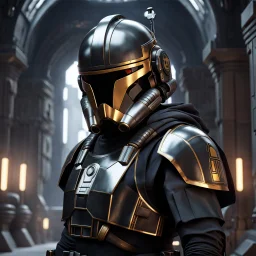 star wars bald male corellian pilot wearing pearlescent black and gunmetal grey First Order special forces heavy assault stealth commando armor and helmet with gold trim inside the jedi temple, hyperdetailed, dynamic lighting, hyperdetailed background, 8k resolution, volumetric lighting, light skin, fully symmetric details