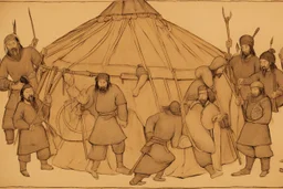 Mongol warriors around Genghis Khan in his yurt 1240s.