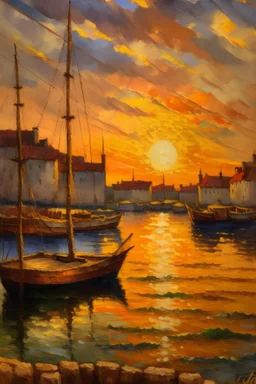 classic french impressionist style painting of a habor at sunset