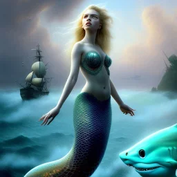 A beautiful portrait of a fusion of Scarlett Johansson and Elle fanning as a mermaid , leaning on a ships deck ,Rough sea in the background, a shark,snails, seashells (digitall art by Eugene de Blaas and Ross Tran, vibrant color scheme, highly detailed, in the style of romanticism, cinematic, artstation best quality, realistic lighting, masterpiece portrait, details light dusting , cowboy shot from above, simple chain hauberk Vector art digital illustration 3D shading )