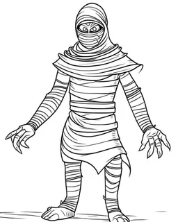 outline art for halloween coloring pages for kids with mummy , white background, Sketch style, full body, only use outline, clean line art, white background, no shadows and clear and well outlined, coloring page for kids,