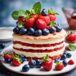 Victoria sandwich cake, decorated with strawberries, blueberries and mint closeup