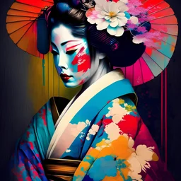 Generate an image of a beautiful geisha wearing a colorful kimono
