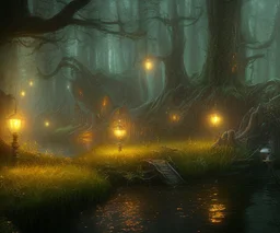 dynamic lighting, Intricately detailed, Splash screen art, deep color, Unreal Engine, volumetric lighting, dark fantasy artwork, dark swamp artwork, fantasy swamp artwork, cottage, night,