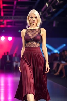 A fashion model with breasts and sleek, platinum blonde hair confidently walks a dimly lit runway in an avant-garde dark red midi pleated skirt and a sheer lace top with shimmering lace overlay, captured from a low-angle perspective that emphasizes her commanding stature, with a blurred audience in a professional setting, animated color lights casting a futuristic ambiance, radiating a strong physical presence body physics,at the end she stops with nice pose.