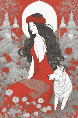 Girl in red dress and big wolf, high quality, highly detailed, Imagine an enchanting illustration inspired by the fusion of Aubrey Beardsley, Chiara Bautista, and Hayao Miyazaki, The composition blend Beardsley's intricate Art Nouveau lines, Bautista's emotionally charged and symbolic characters, and Miyazaki's whimsical and fantastical world-building, The central theme revolve around a surreal and emotionally resonant scene, featuring characters with symbolic elements and set against a backdrop