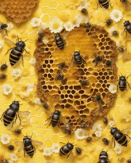 honeycomb and bee hive on a yellow floral background, reailistic image