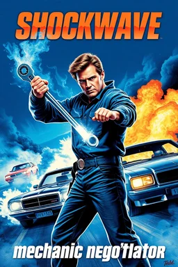 "Design a 90s-style romantic movie poster titled 'Shockwave Customs' with a blue theme and blue flames. Feature a super heroic mechanic in the foreground, fiercely battling thousands of adversaries with a spanner. In the background, show cars doing burnouts, creating a dynamic and intense scene. Capture the high-energy, gritty aesthetic of classic 90s romantic films. Prominently display the subtitle 'mmechanic negotiator' in bold, CRAZY impactful lettering."