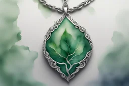 watercolor paining of amulet in a fantasy style made from a green jade leaf with silver veins on a silver chain
