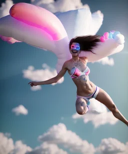 Ultra realistic speed clouds sky scene, wide angle view, sweet women falling down, feather inflatable color clothing, free jumping flying, many trinkets, hair monster, many jelly beans, balls, color smoke, smile, happy, circus style, extreme, wind, clouds sea, 20,000 feet altitude, stratosphere, soft color, highly detailed, unreal engine 5, ray tracing, RTX, lumen lighting, ultra detail, volumetric lighting, 3d, finely drawn, high definition, high resolution.