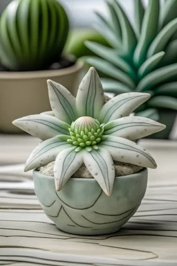 Create a soothing image of a mini concrete succulent planter with a coastal retreat theme, shaped like a seashell or starfish, and featuring a textured finish reminiscent of weathered seaside elements."
