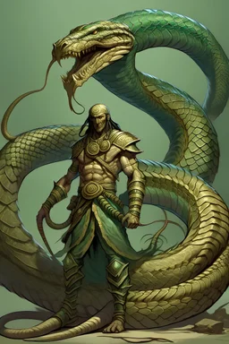 A great humanoid serpent with the lower-body of a serpent. He stands tall and powerful, slithering on one giant snake tail
