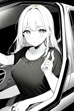 blonde young girl inside car, greyscale