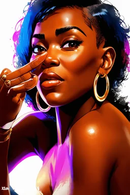 A vibrant digital illustration of a carribean woman with a confident yet playful expression. She is making a gesture by a raised brow. highly detailed short faded haircut. Her large hoop earrings are clearly visible, adding to the bold and expressive character of the artwork. with soft lighting accentuating the details of her face.", ink wash